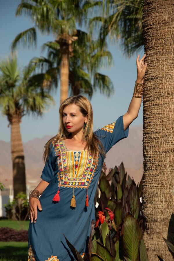 woman, model, palm, dress, embroidery, ethnic wear, posing, folk clothing, fashion, style, boho, portrait, africa, hoodie, egyptian dress, arab dress